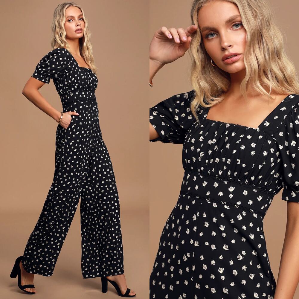 Lulus Modern Elegance Black Floral Print Puff Sleeve Wide-Leg Jumpsuit - Picture 2 of 7